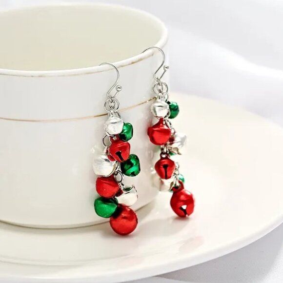 Christmas Jingle Bells Dangle Earrings, Make Noise - Green, Red, Silver Bells - Picture 8 of 9